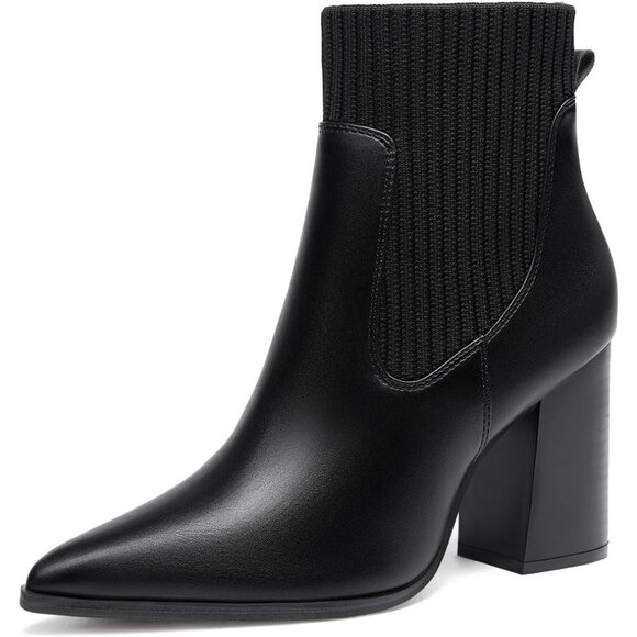 ⚡Women's Black Ankle Boots Sock Booties Pointed Toe Chunky Stacked High Heel - Picture 1 of 5